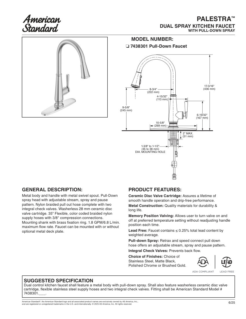 American Standard 7438301 cut sheet — first page
