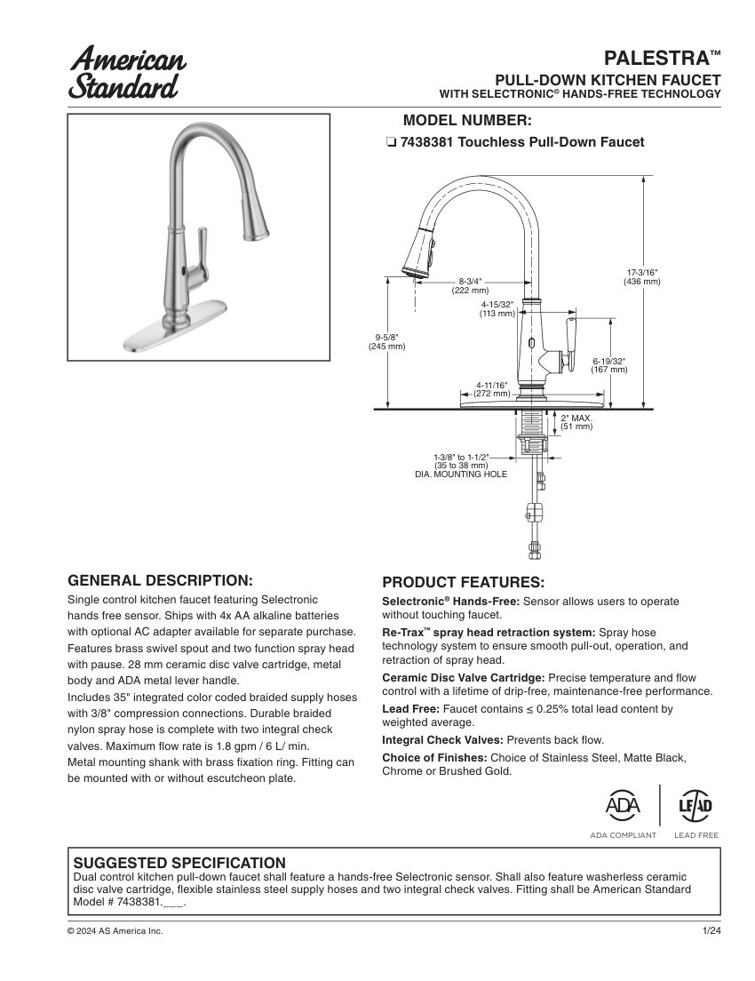 American Standard 7438381 cut sheet — first page