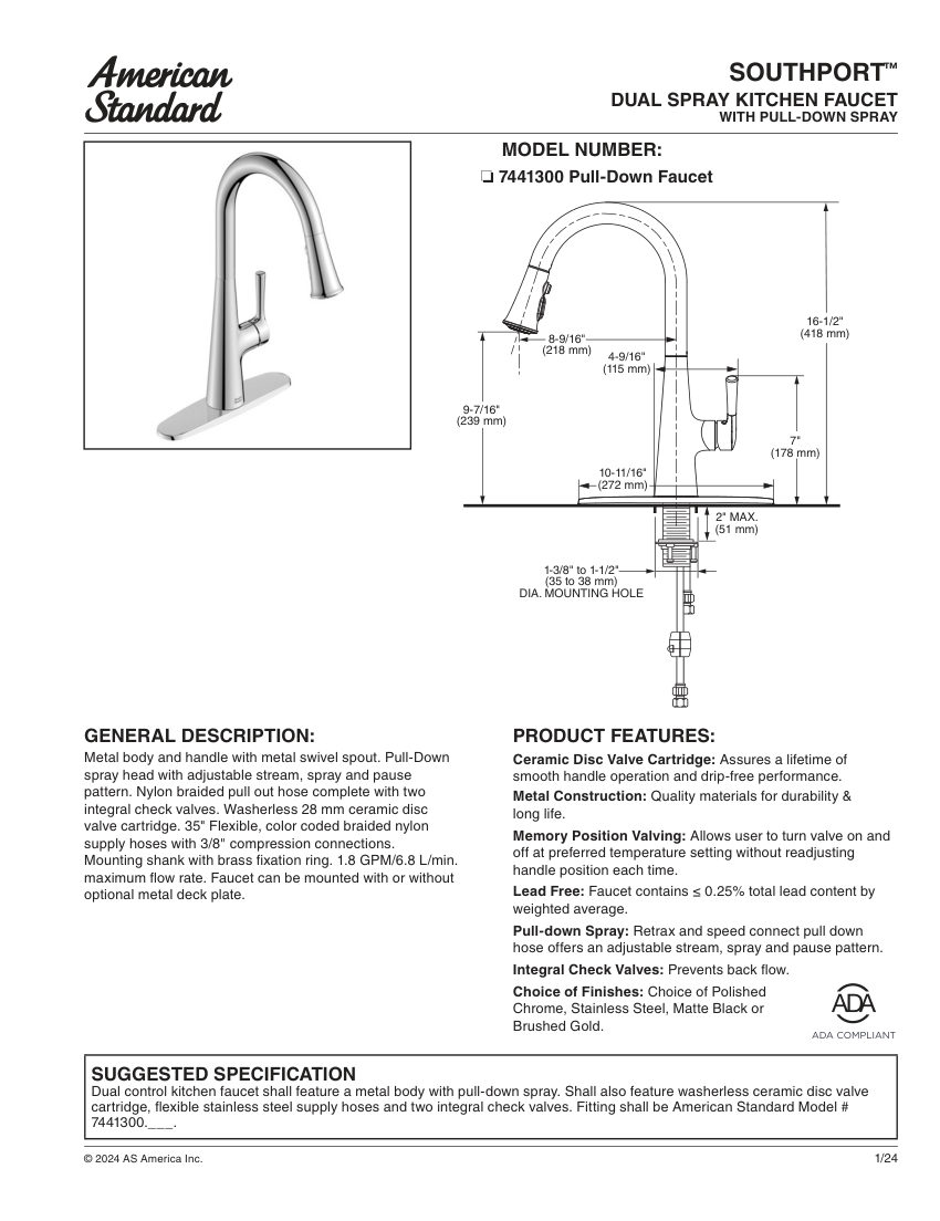 American Standard 7441300 cut sheet — first page