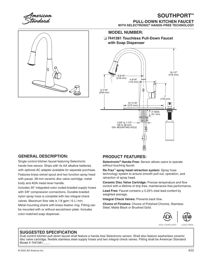 American Standard 7441381 cut sheet — first page