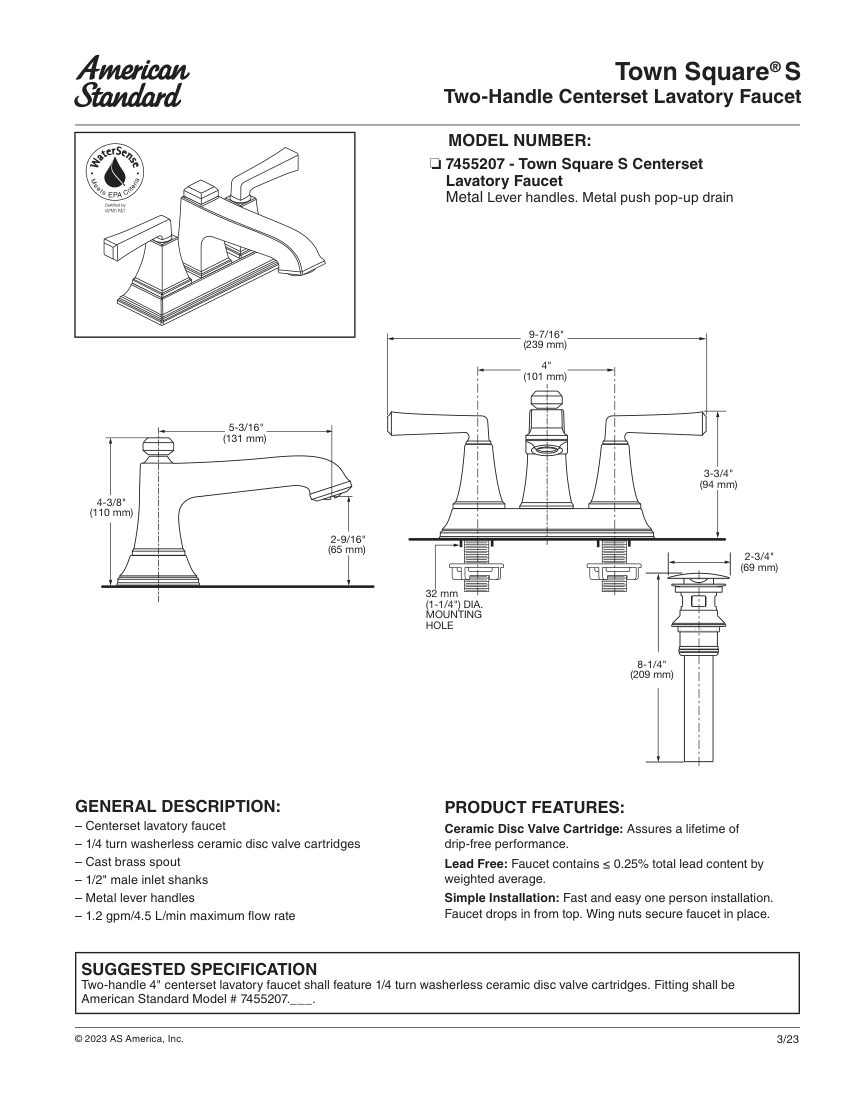 American Standard 7455207 cut sheet — first page