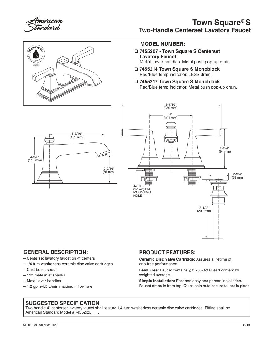 American Standard 7455217 cut sheet — first page