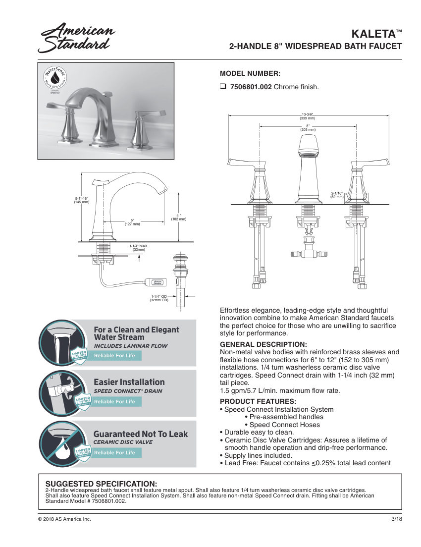 American Standard 7506801 cut sheet — first page