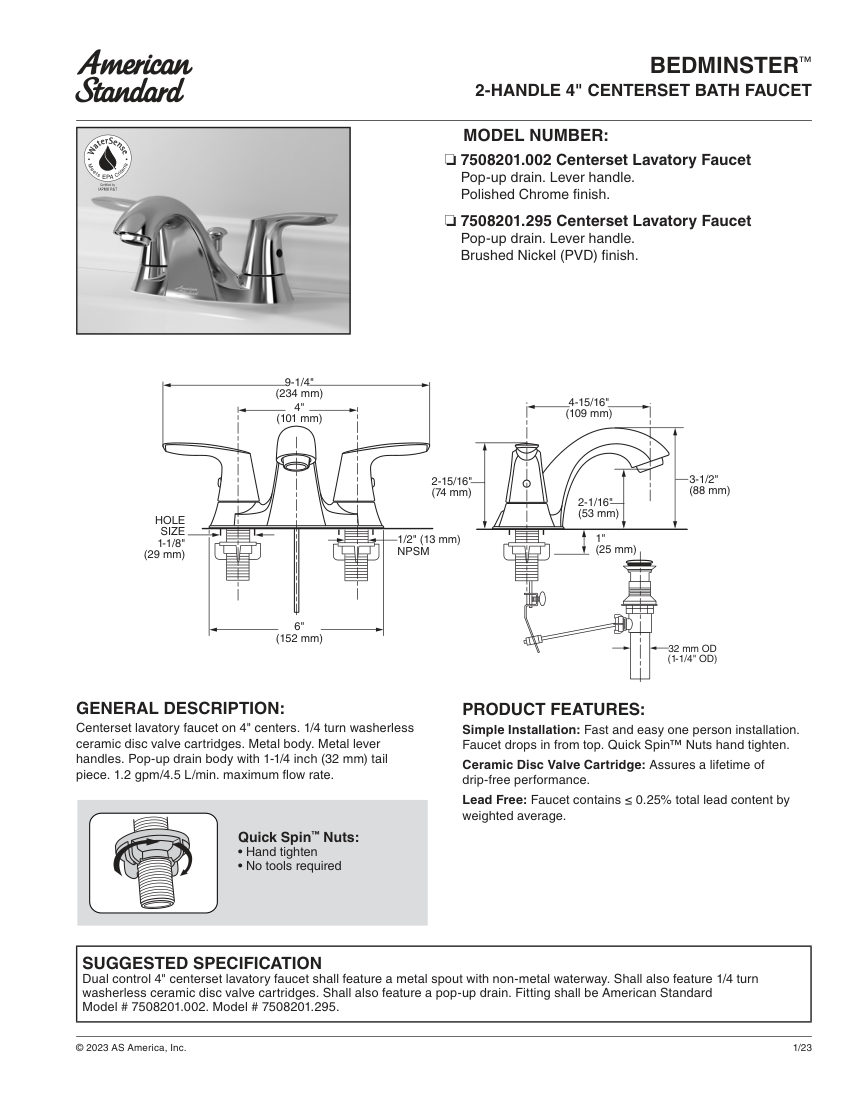 American Standard 7508201 cut sheet — first page