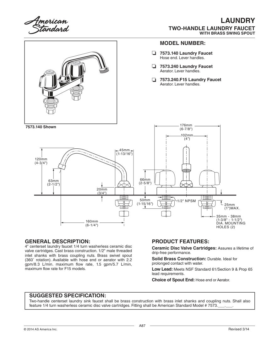 American Standard 7573240 cut sheet — first page