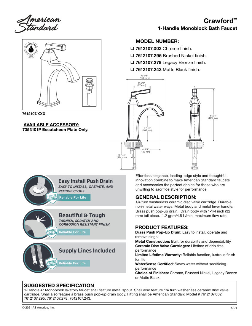 American Standard 7612107 cut sheet — first page