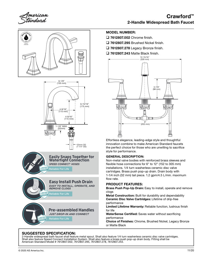 American Standard 7612807 cut sheet — first page