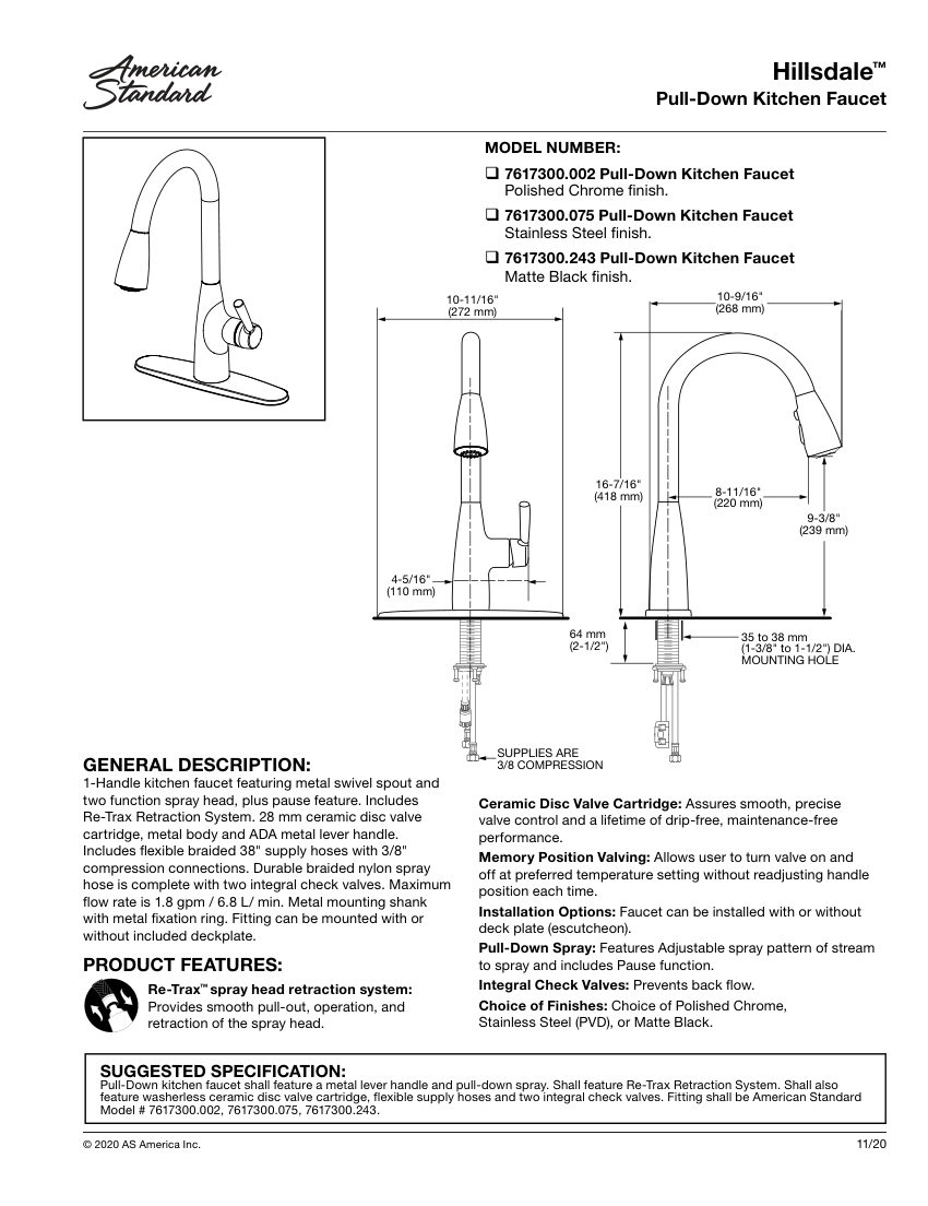 American Standard 7617300 cut sheet — first page