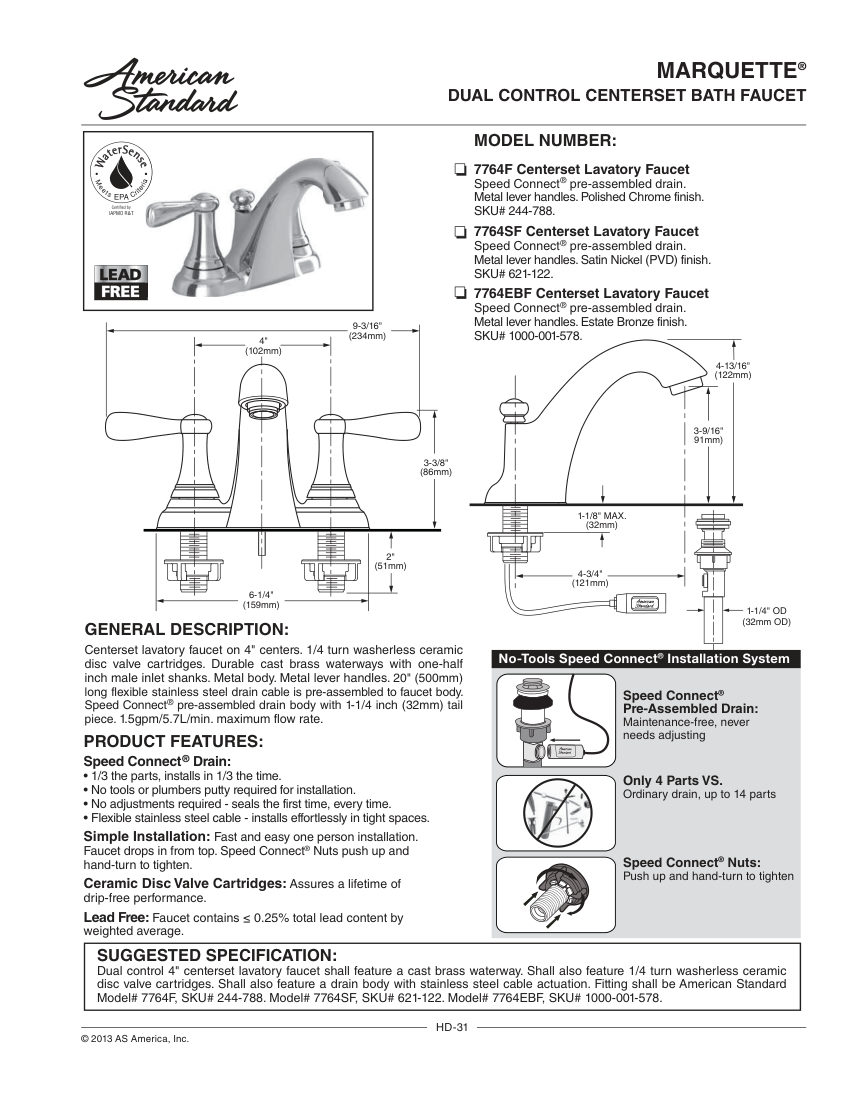 American Standard 7764F cut sheet — first page