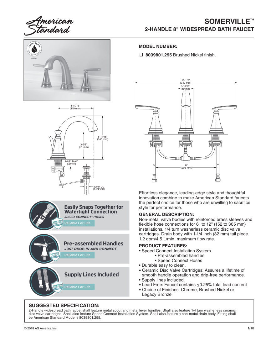 American Standard 8039801 cut sheet — first page