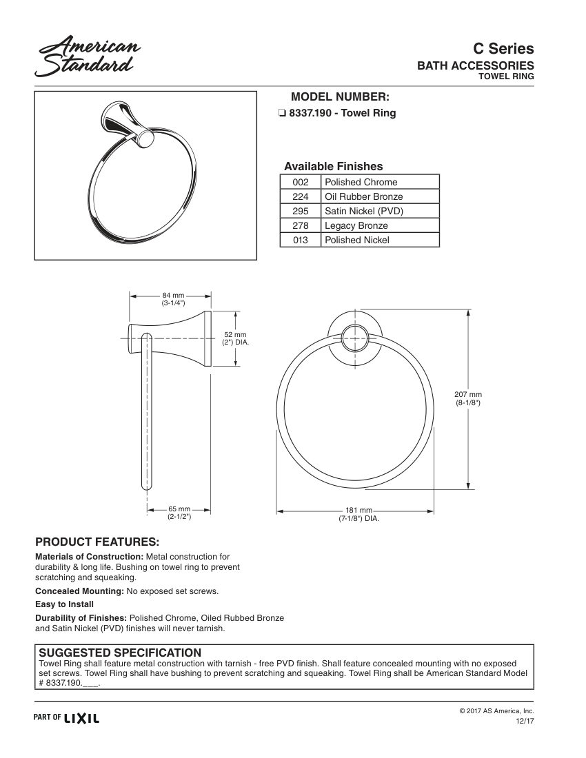 American Standard 8337190 cut sheet — first page