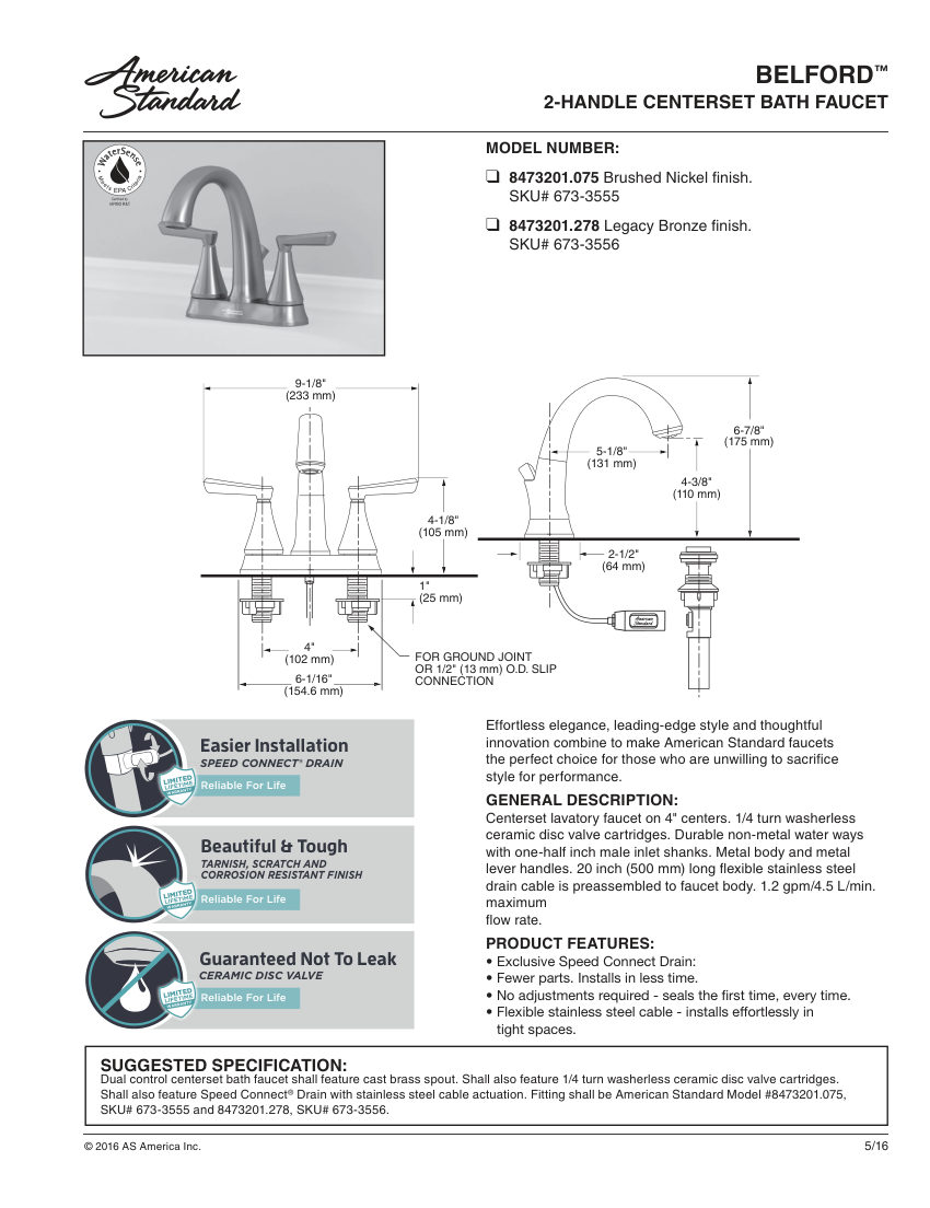 American Standard 8473201 cut sheet — first page