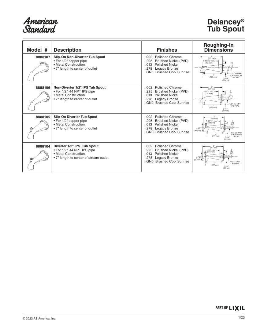 American Standard 8888104 cut sheet — first page