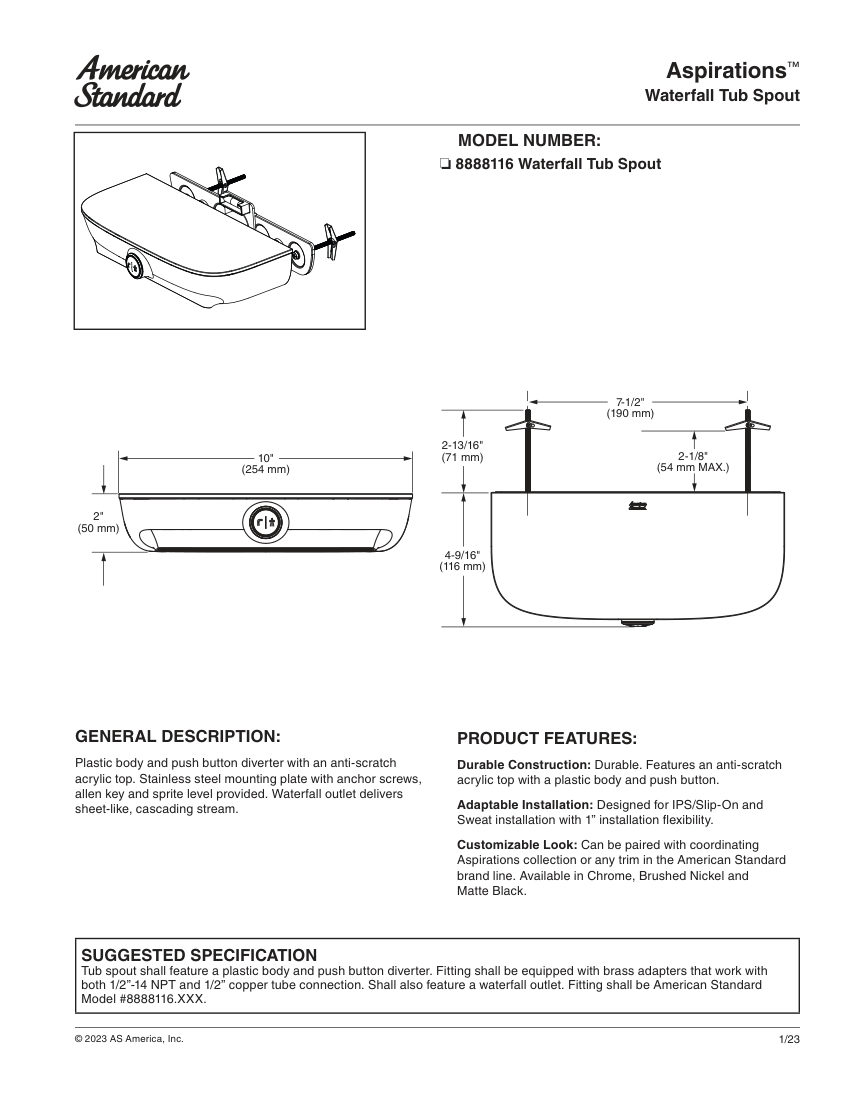American Standard 8888116 cut sheet — first page