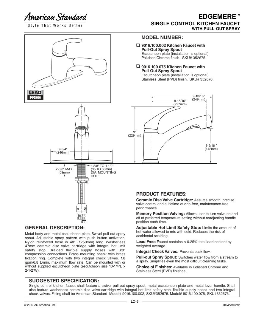American Standard 9016100 cut sheet — first page