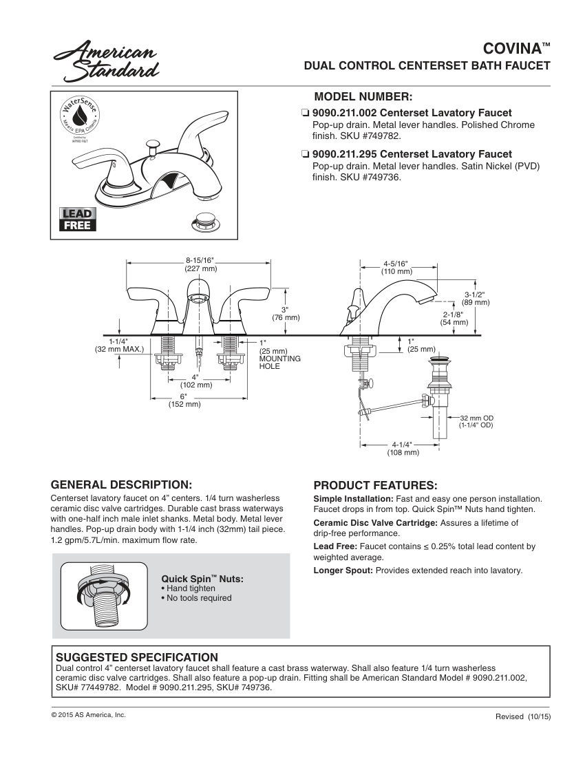 American Standard 9090211 cut sheet — first page