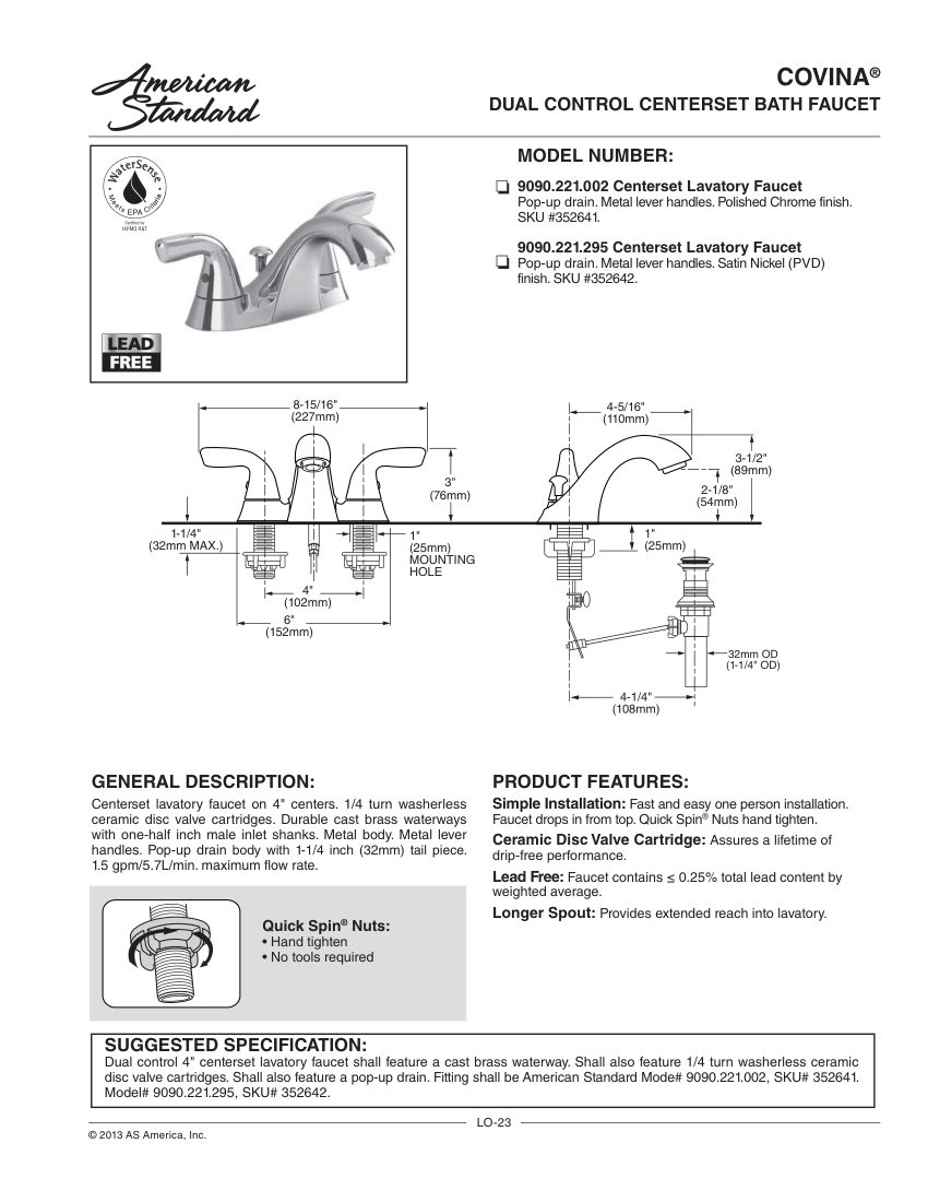 American Standard 9090221 cut sheet — first page
