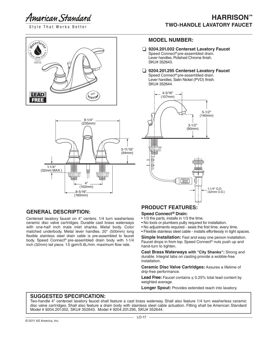 American Standard 9204201 cut sheet — first page