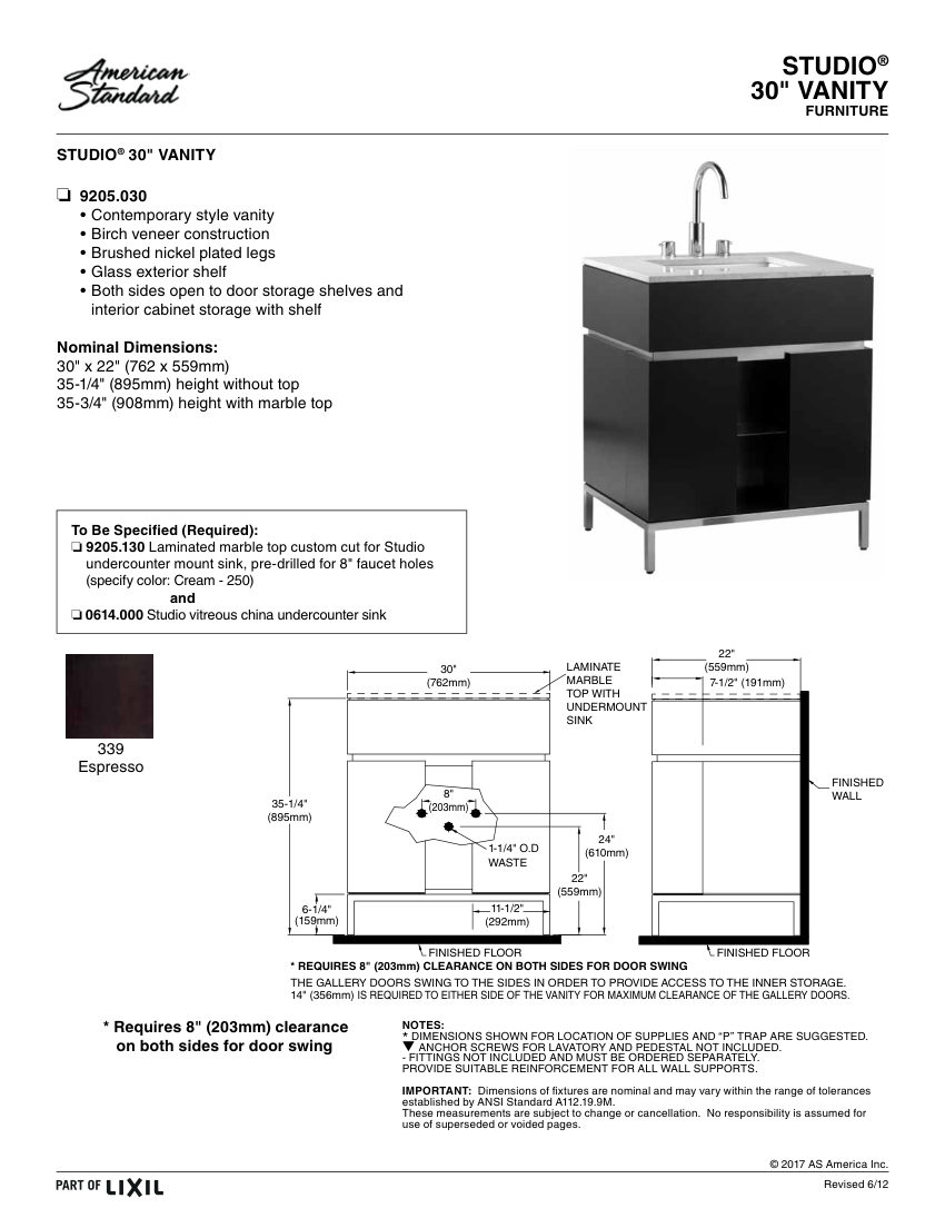American Standard 9205130 cut sheet — first page