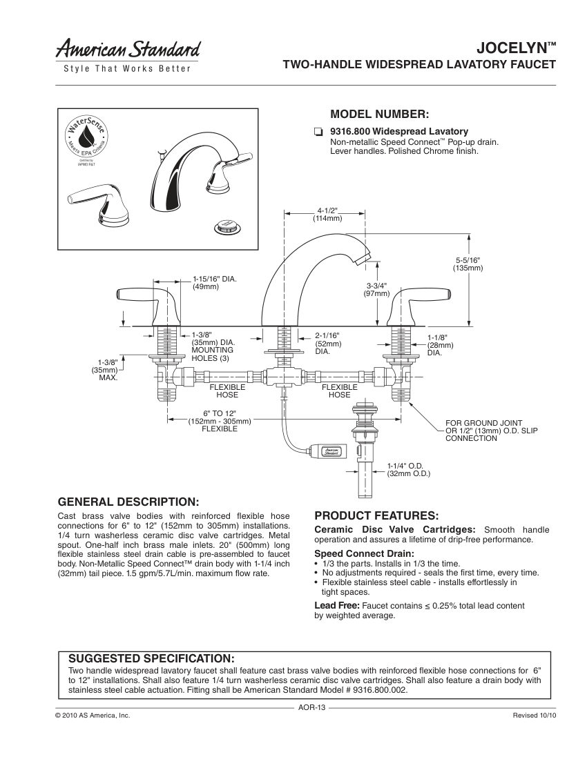 American Standard 9316800 cut sheet — first page
