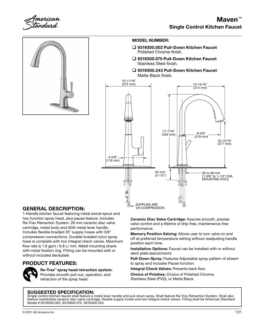 American Standard 9319300 cut sheet — first page
