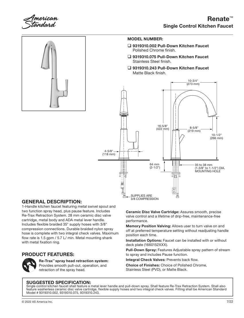 American Standard 9319310 cut sheet — first page