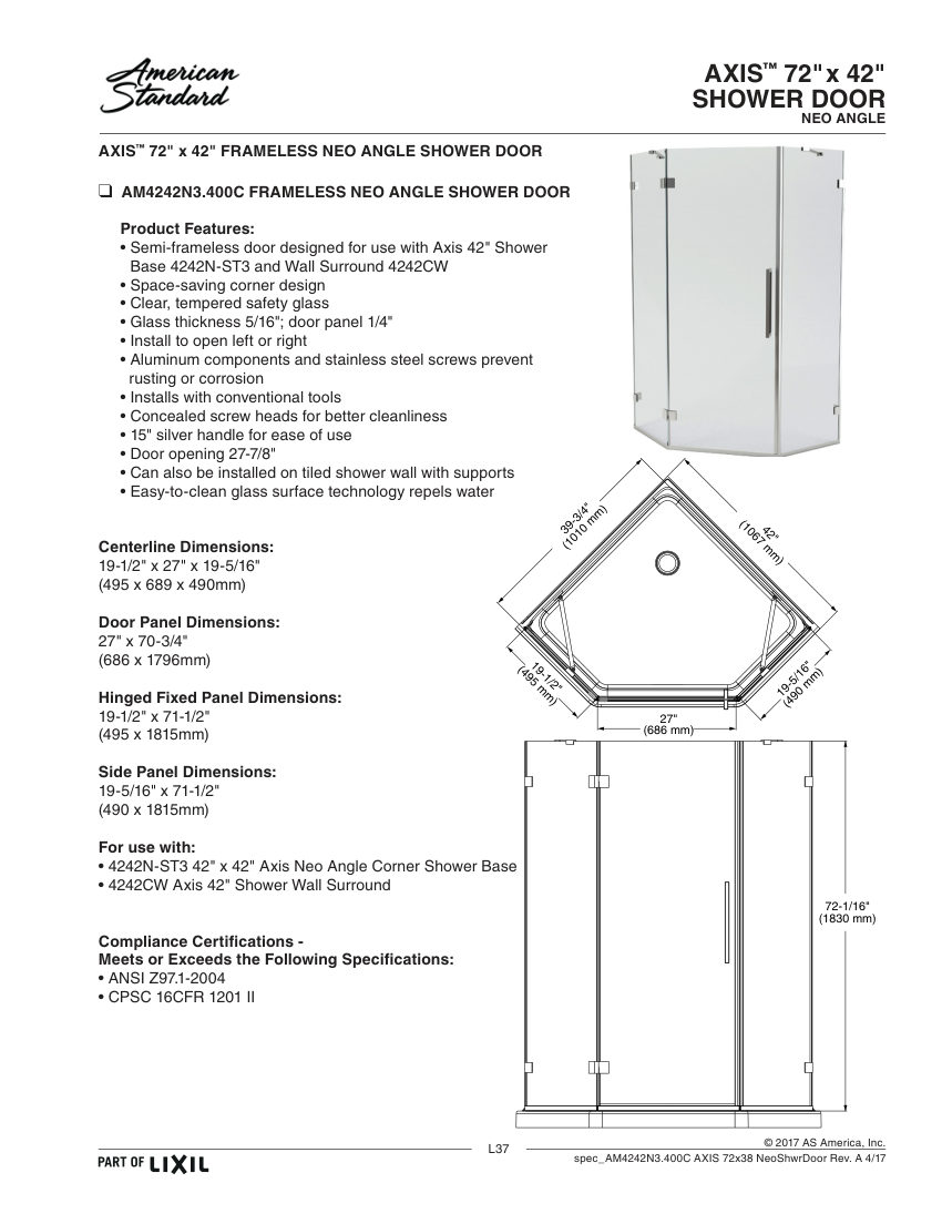 American Standard AM4242N3400C cut sheet — first page
