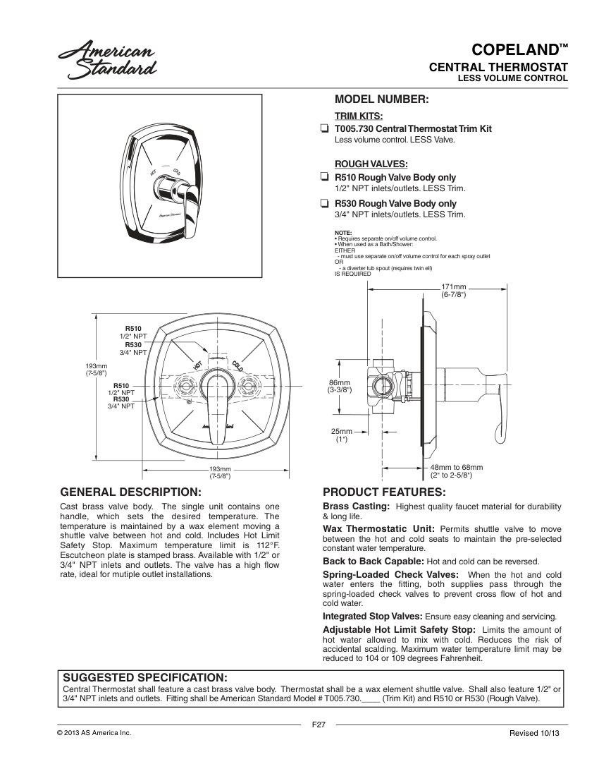 American Standard T005730 cut sheet — first page