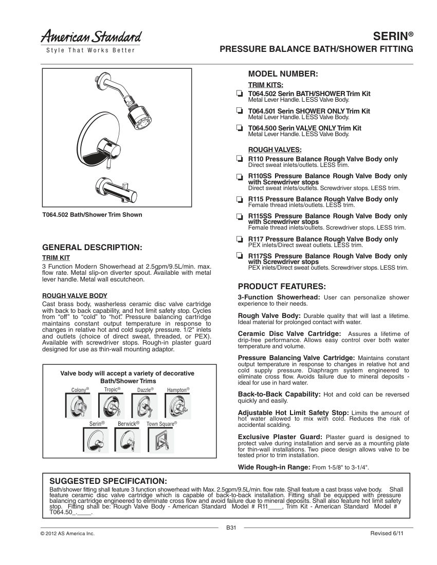 American Standard T064501 cut sheet — first page