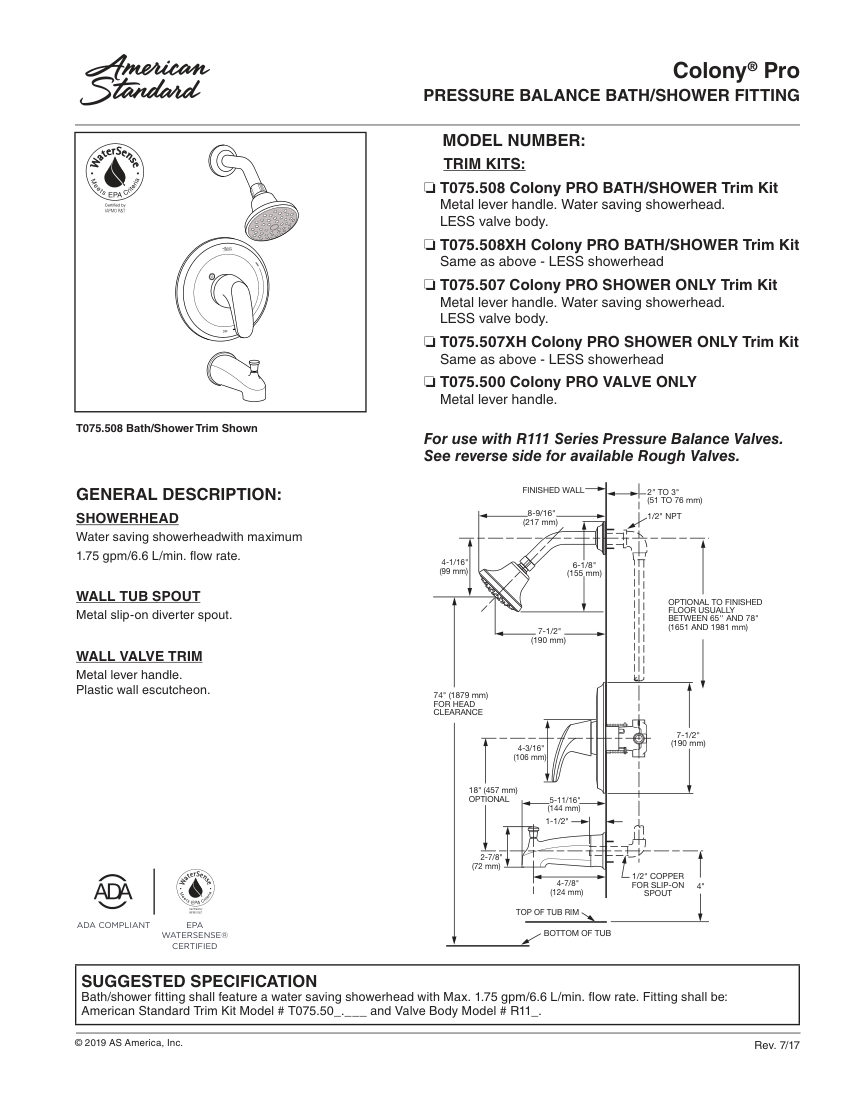 American Standard T075500 cut sheet — first page