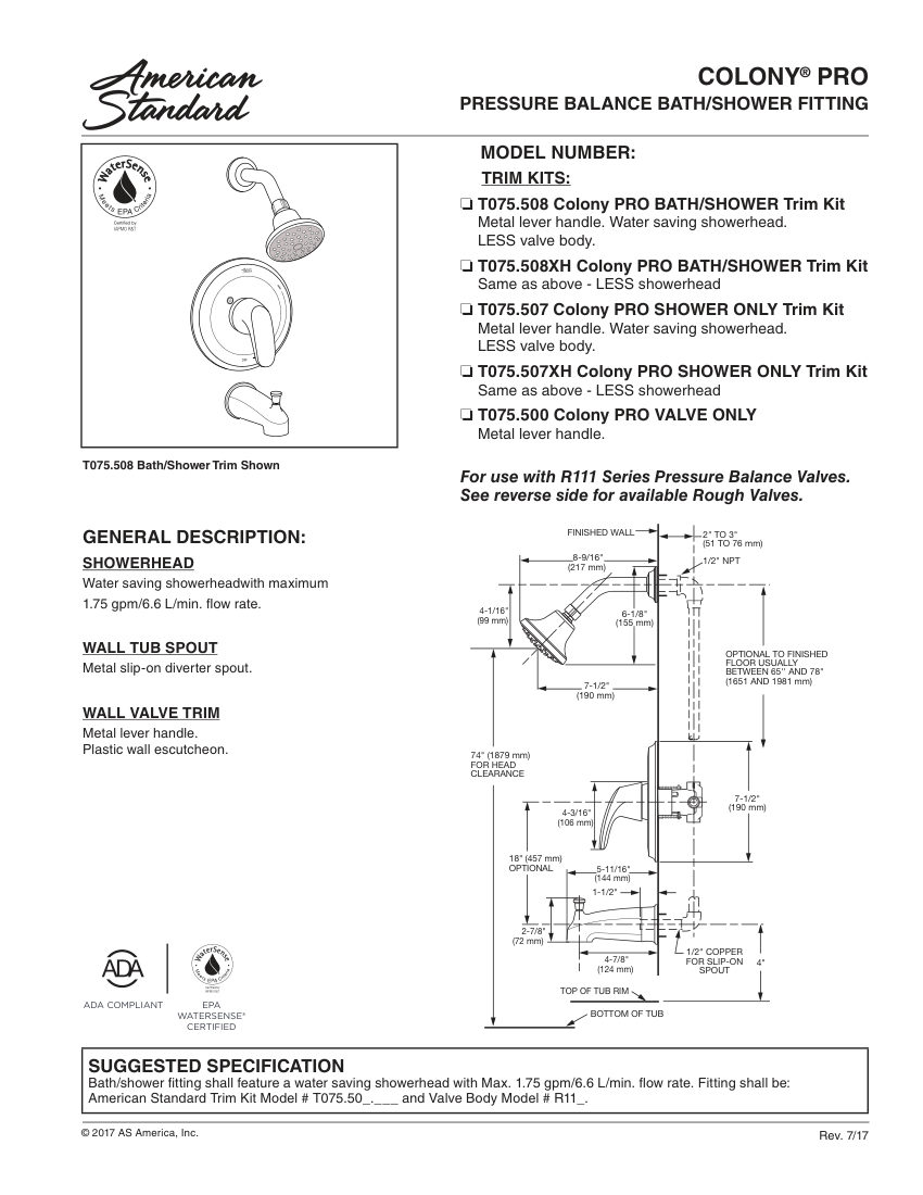 American Standard T075507 cut sheet — first page