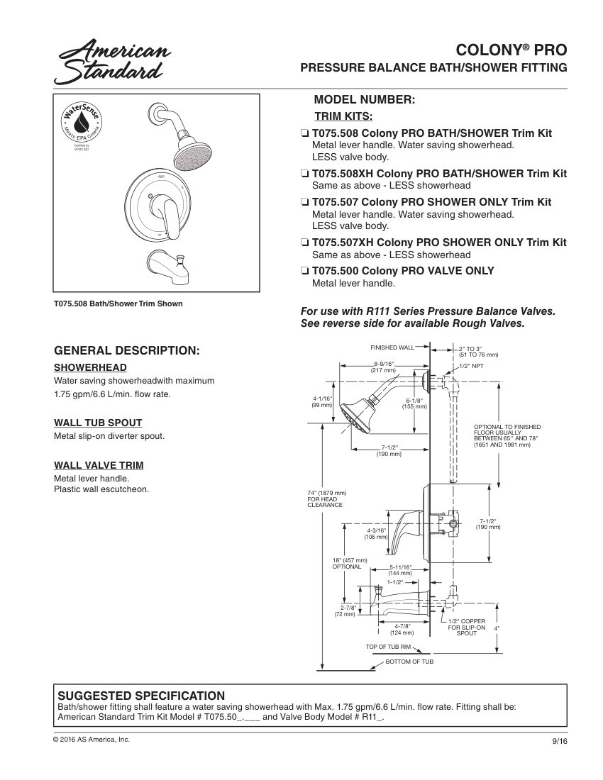 American Standard T075508 cut sheet — first page