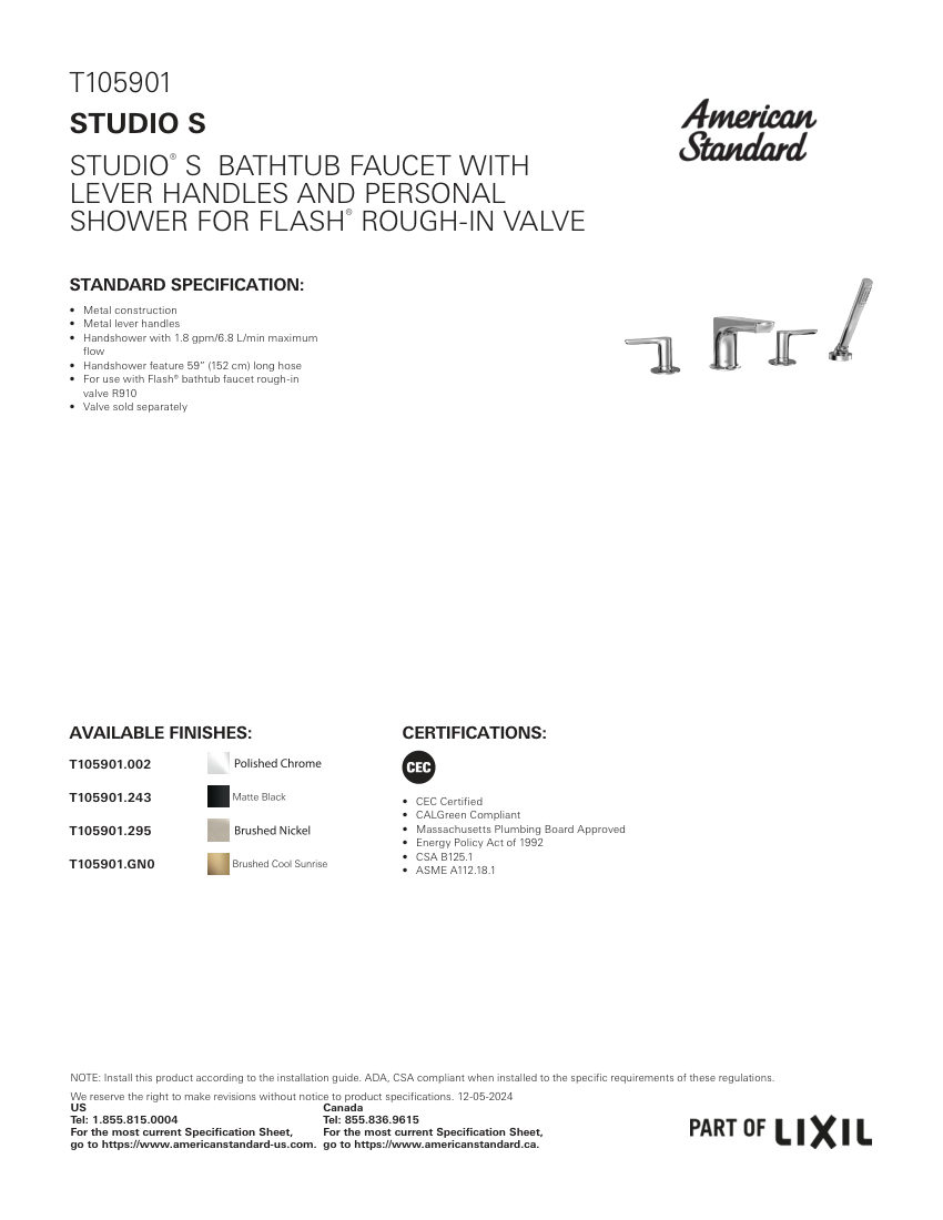 American Standard T105901 cut sheet — first page
