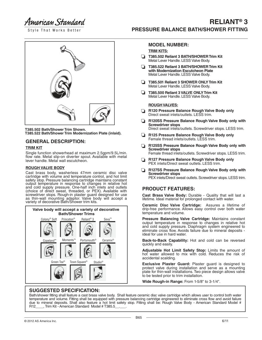 American Standard T385500 cut sheet — first page