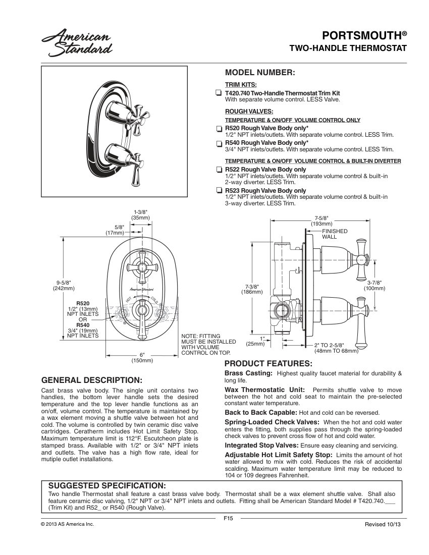 American Standard T420740 cut sheet — first page