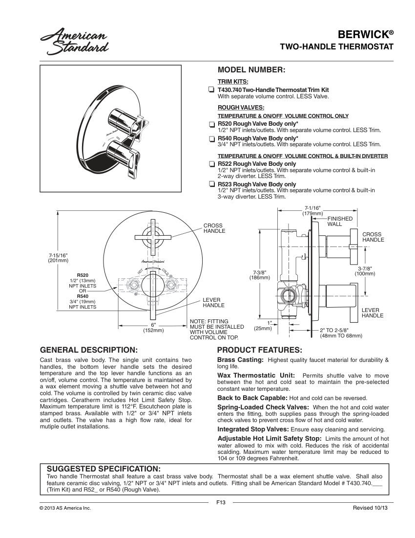 American Standard T430740 cut sheet — first page