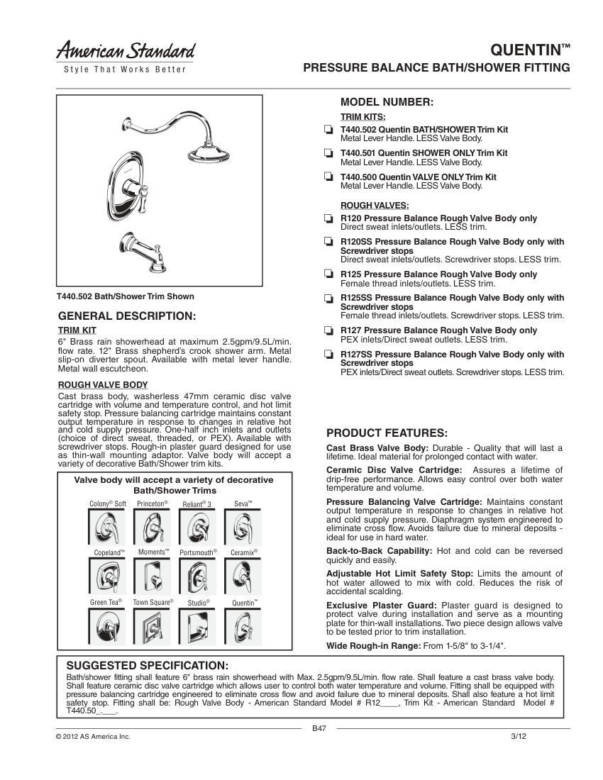 American Standard T440502 cut sheet — first page