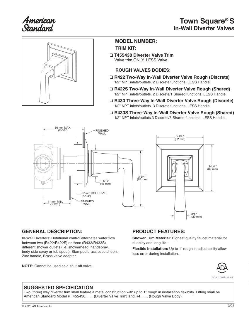American Standard T455430 cut sheet — first page