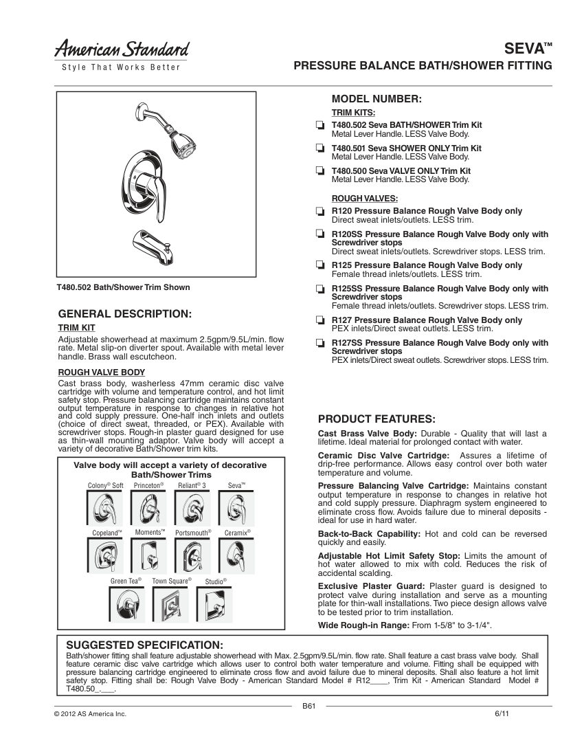 American Standard T480500 cut sheet — first page