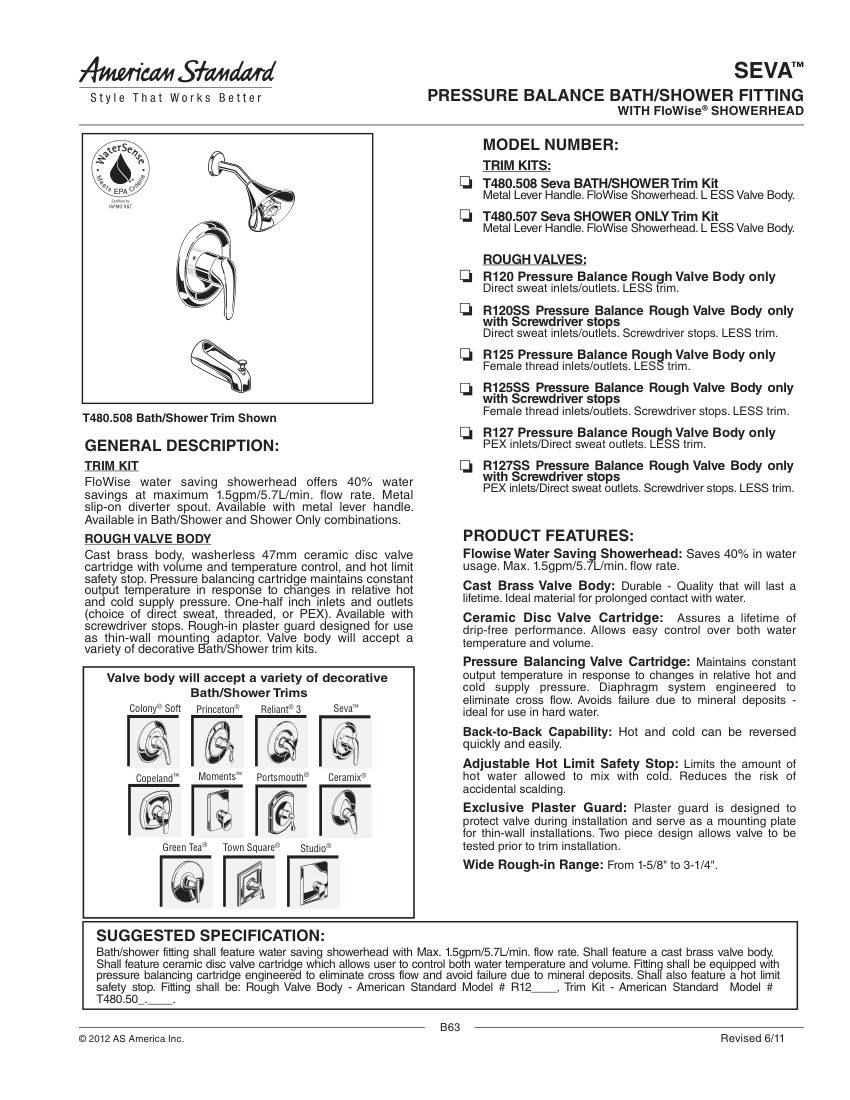 American Standard T480507 cut sheet — first page