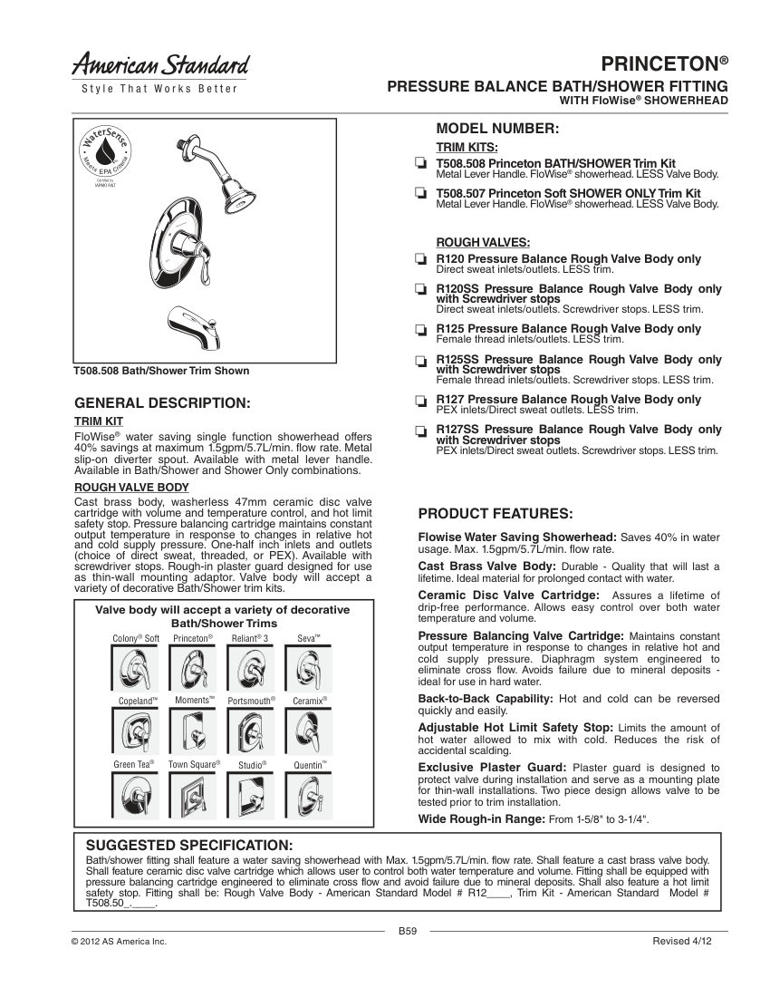 American Standard T508508 cut sheet — first page
