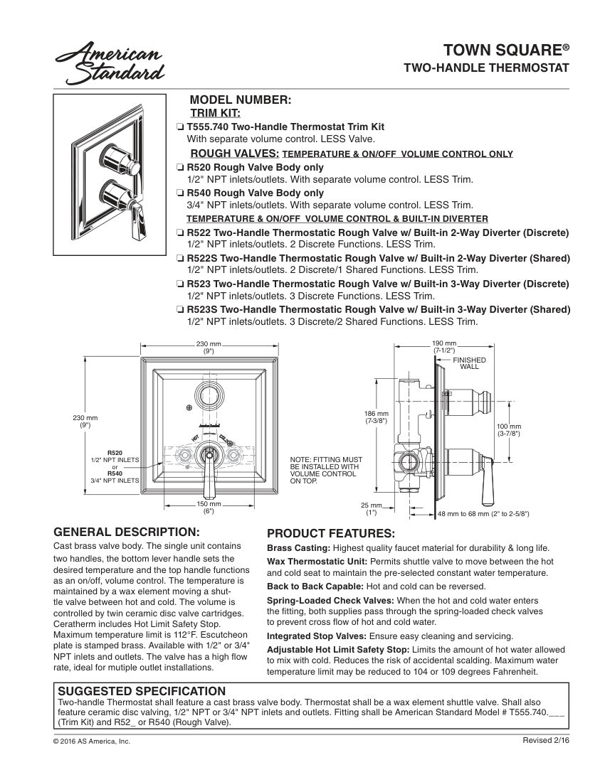 American Standard T555740 cut sheet — first page