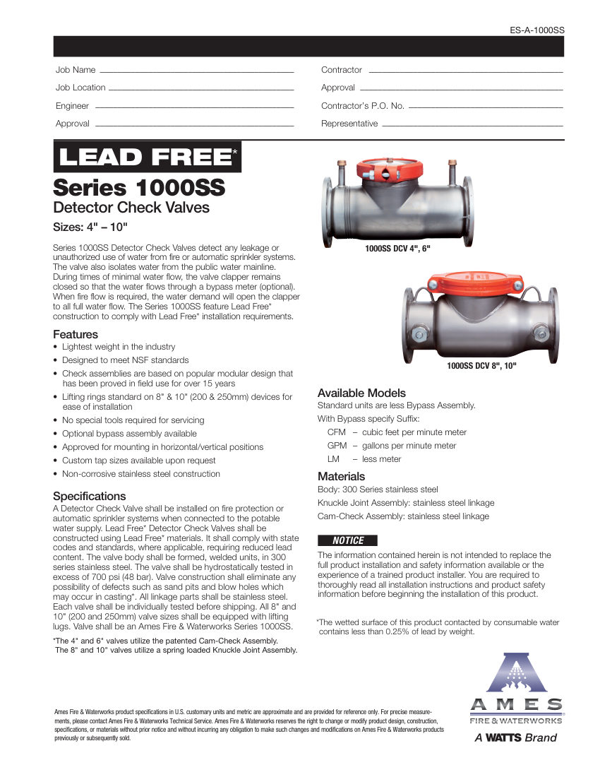 Ames Fire & Waterworks 1000SS DCV cut sheet — first page