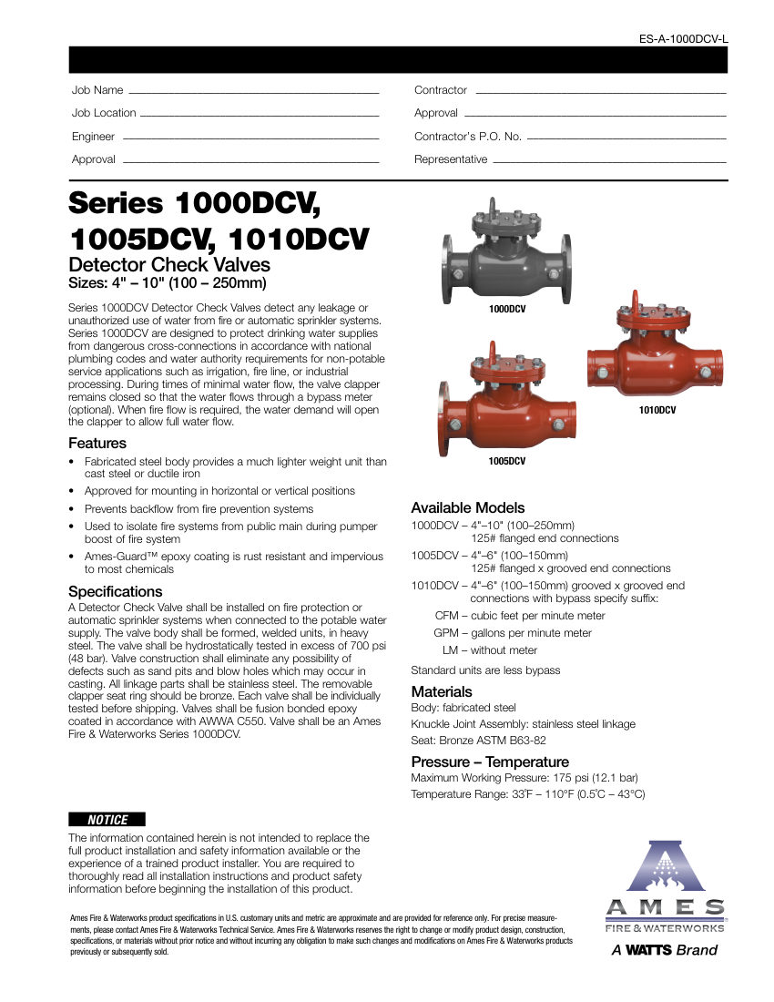 Ames Fire & Waterworks 1010DCV cut sheet — first page