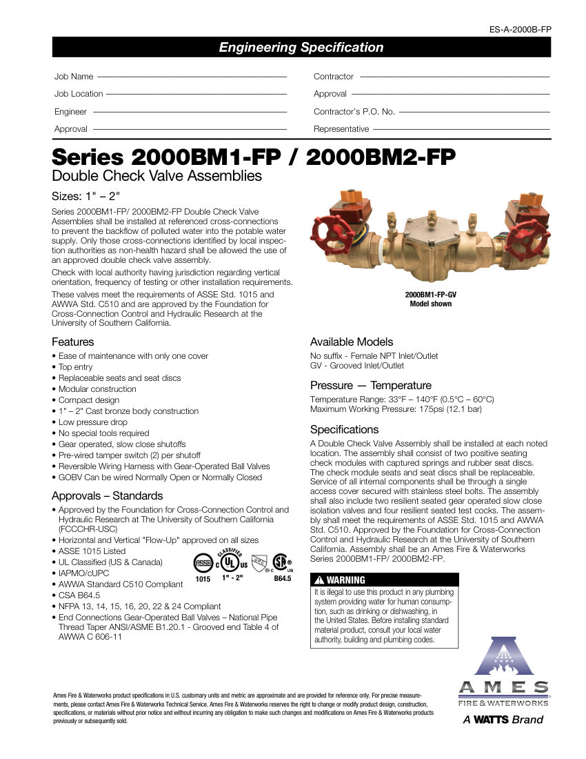 Ames Fire & Waterworks 2000BM cut sheet — first page