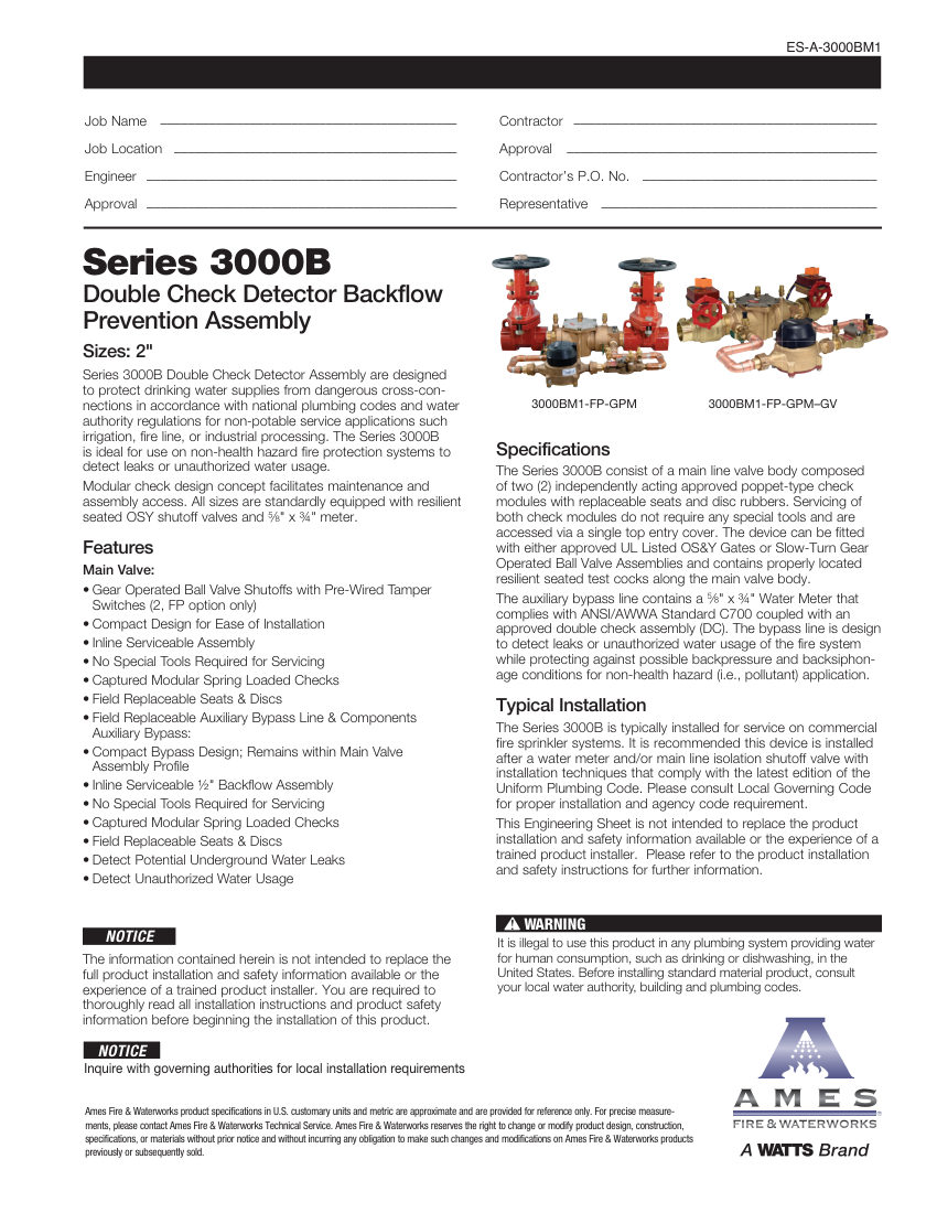 Ames Fire & Waterworks 3000BM1 cut sheet — first page