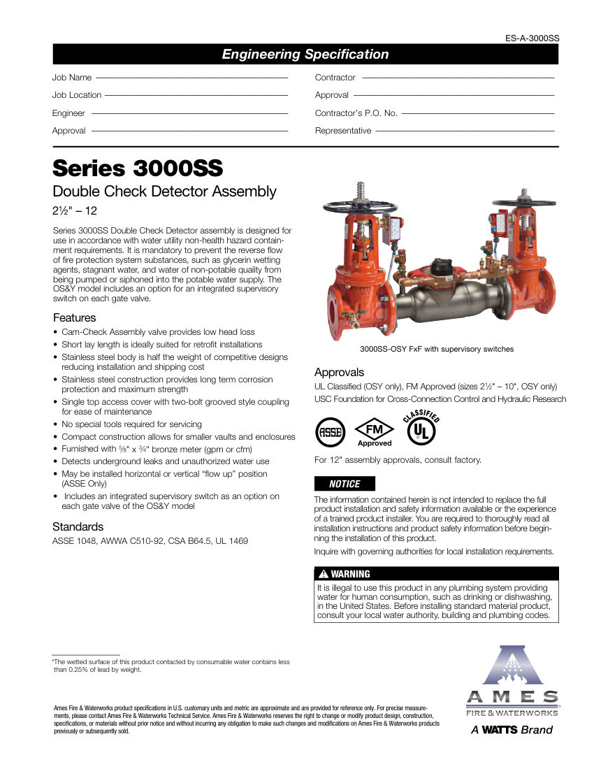 Ames Fire & Waterworks 3000SS cut sheet — first page