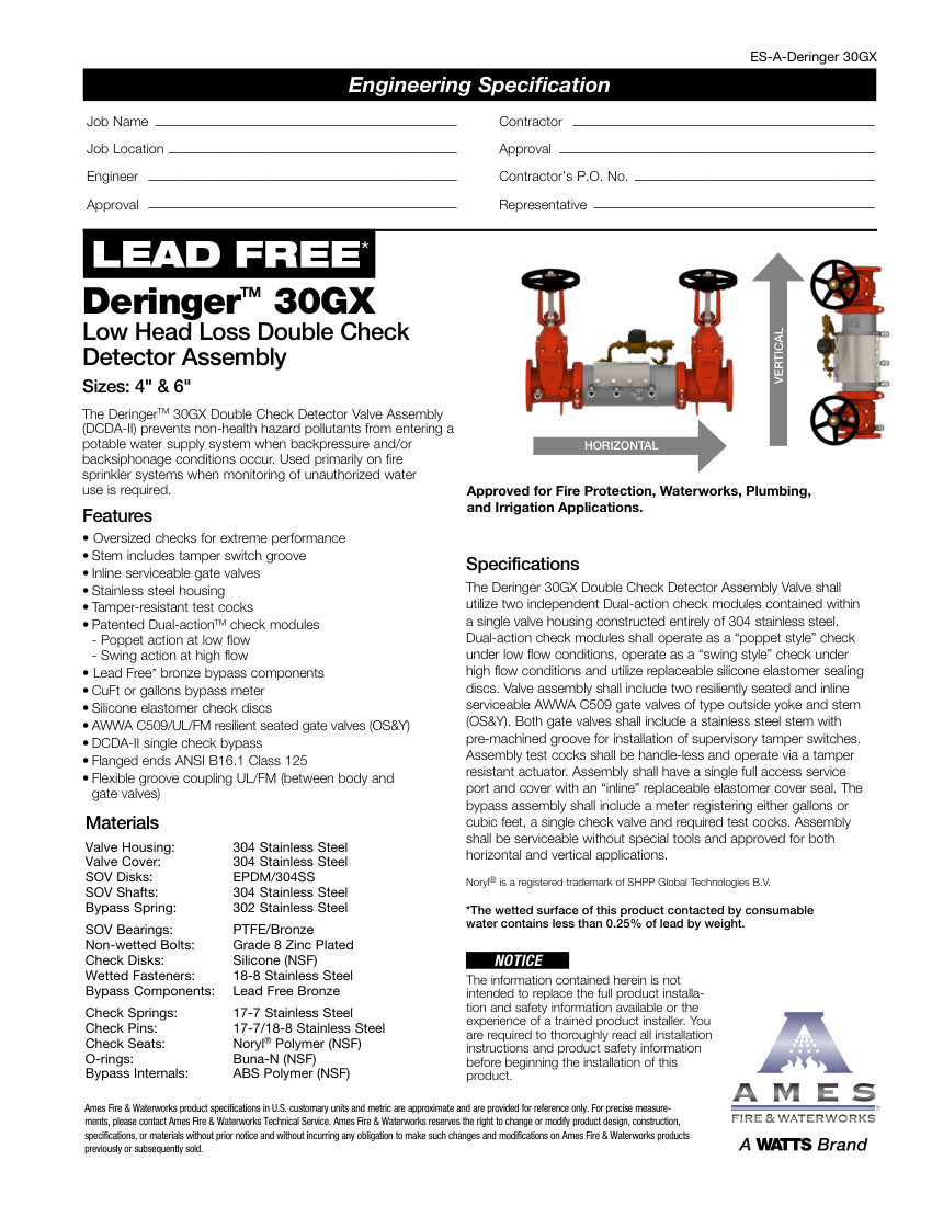 Ames Fire & Waterworks 30GX cut sheet — first page
