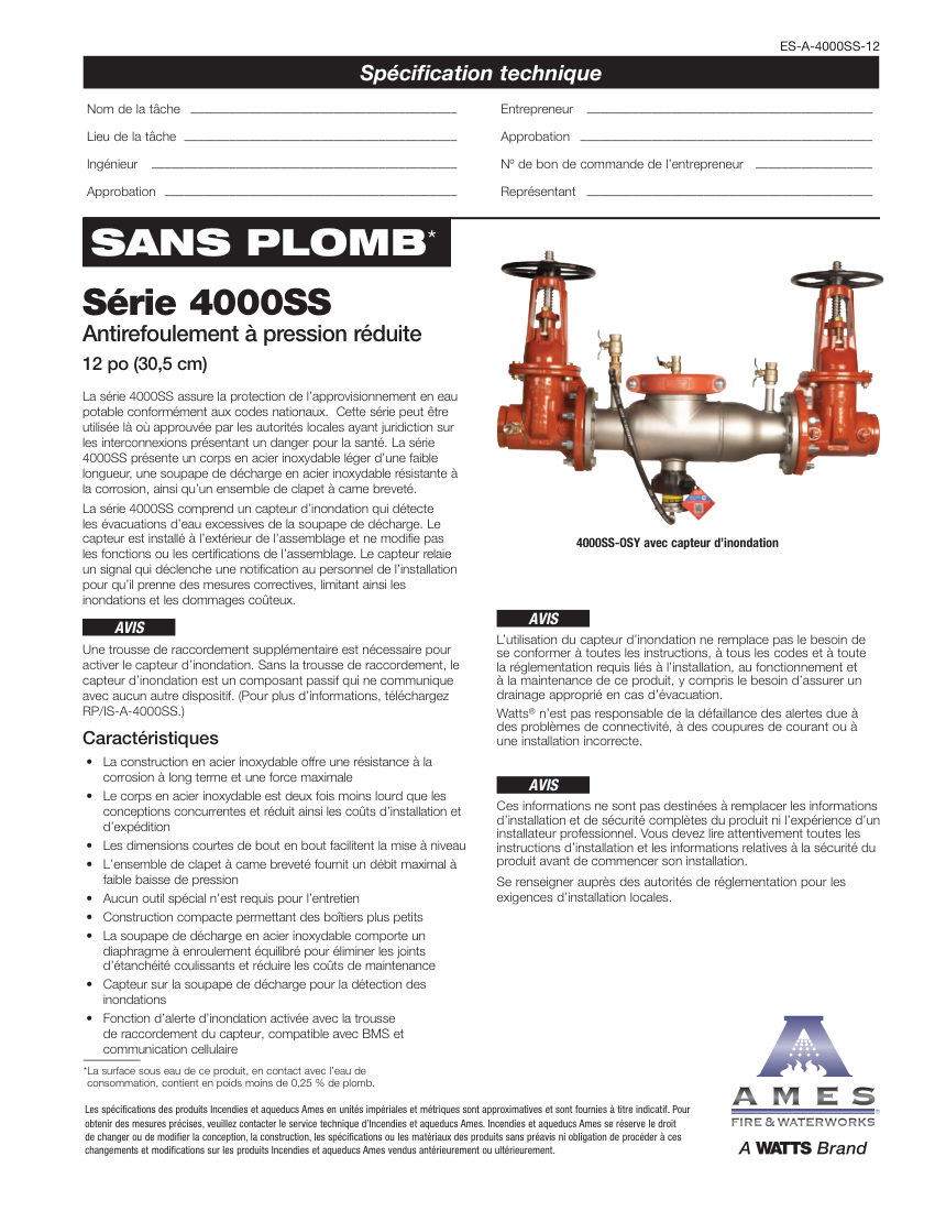 Ames Fire & Waterworks 4000SS cut sheet — first page