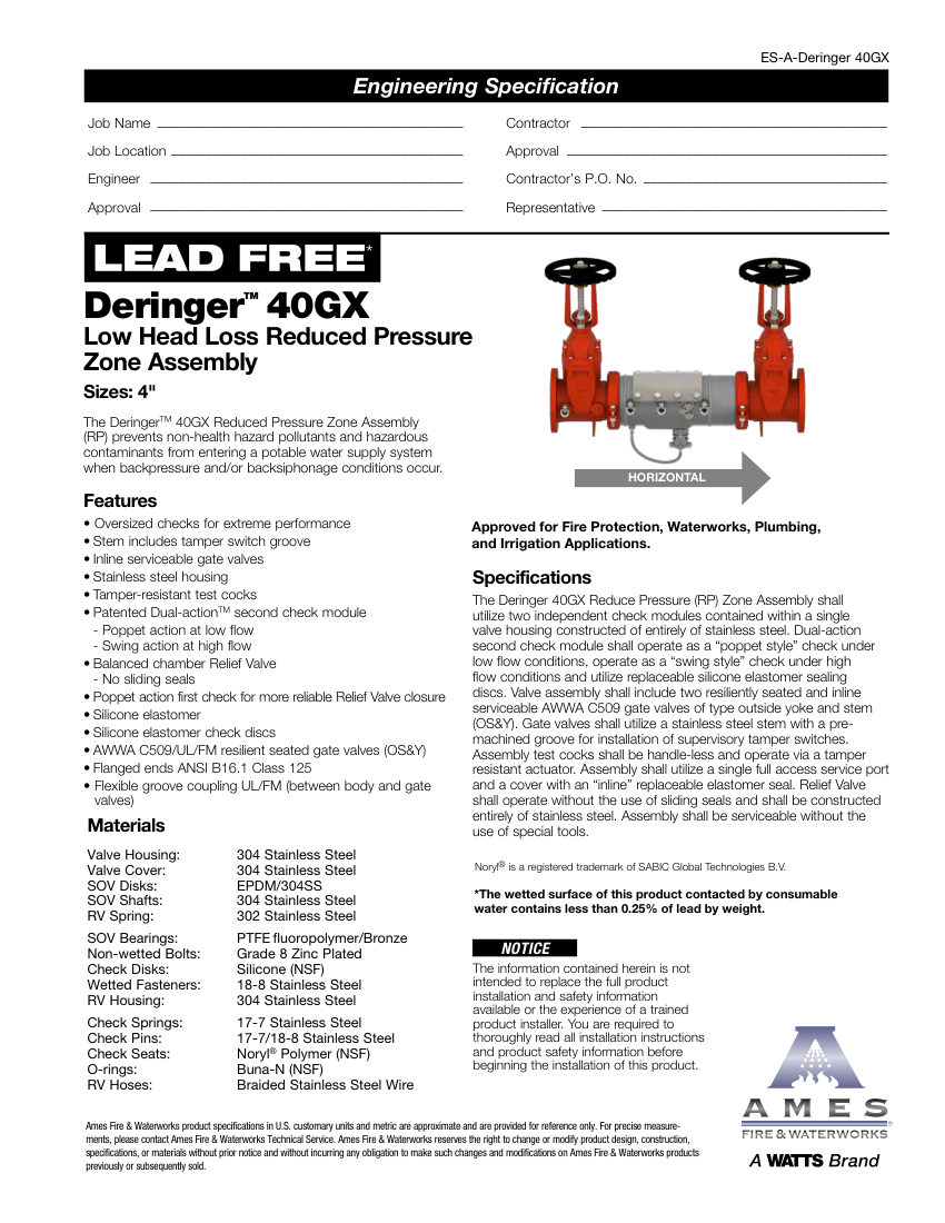 Ames Fire & Waterworks 40GX cut sheet — first page